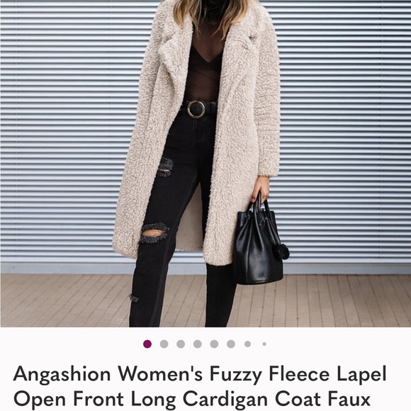 Angashion Women's Cream Fuzzy Teddy Jacket - Picture 3 of 3
